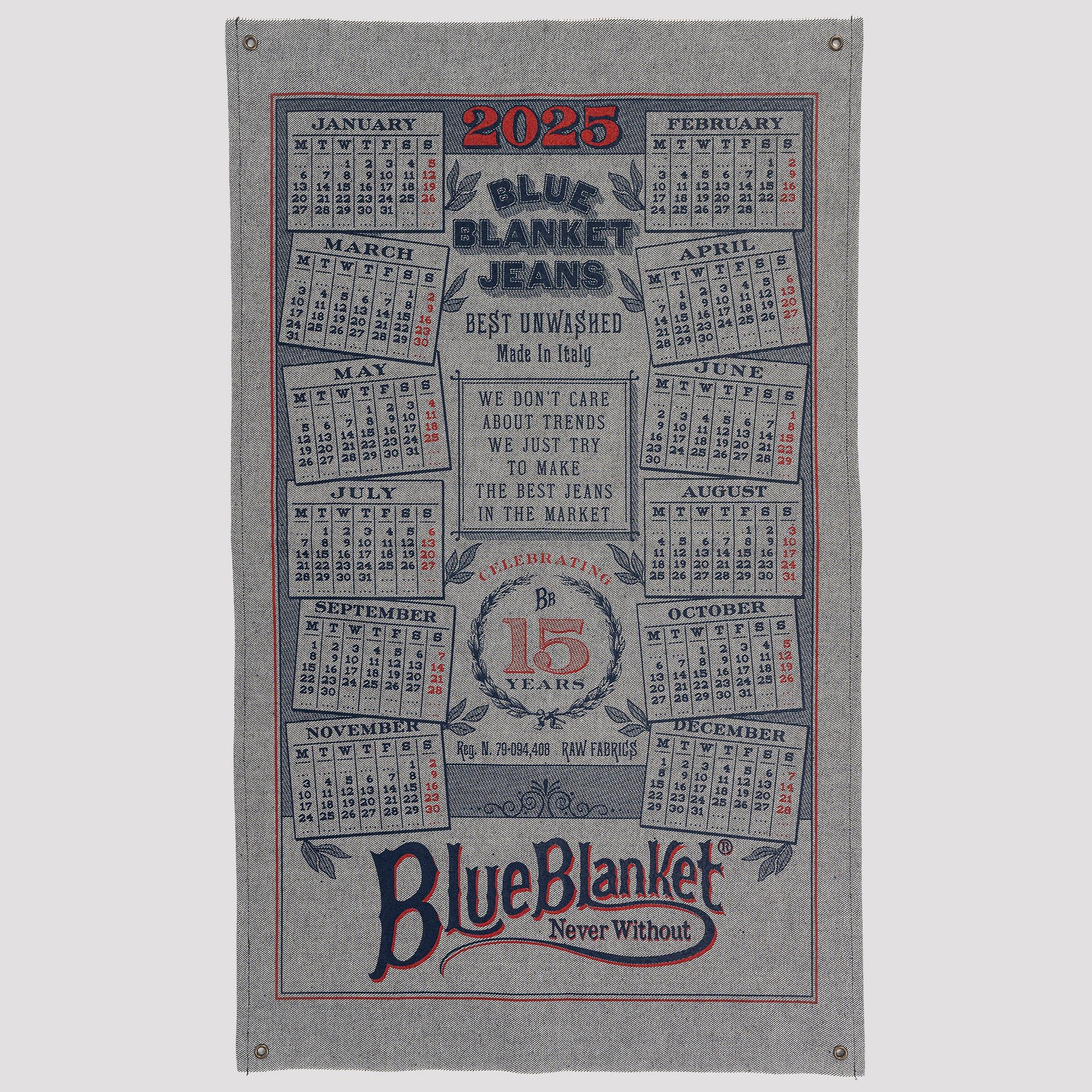 Calendar with 'Blue Blanket' branding and text on a gray background