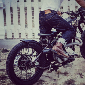 guy drive custom vintage bike wearing Original Blue Blanket Jeans